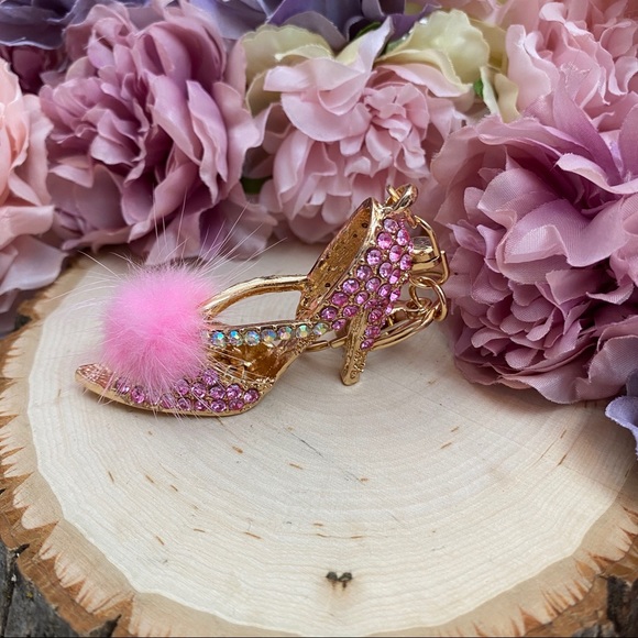 Pink Crystal High Heel Sandal with Pink Pom Pom Keychain Charm - Picture 6 of 11